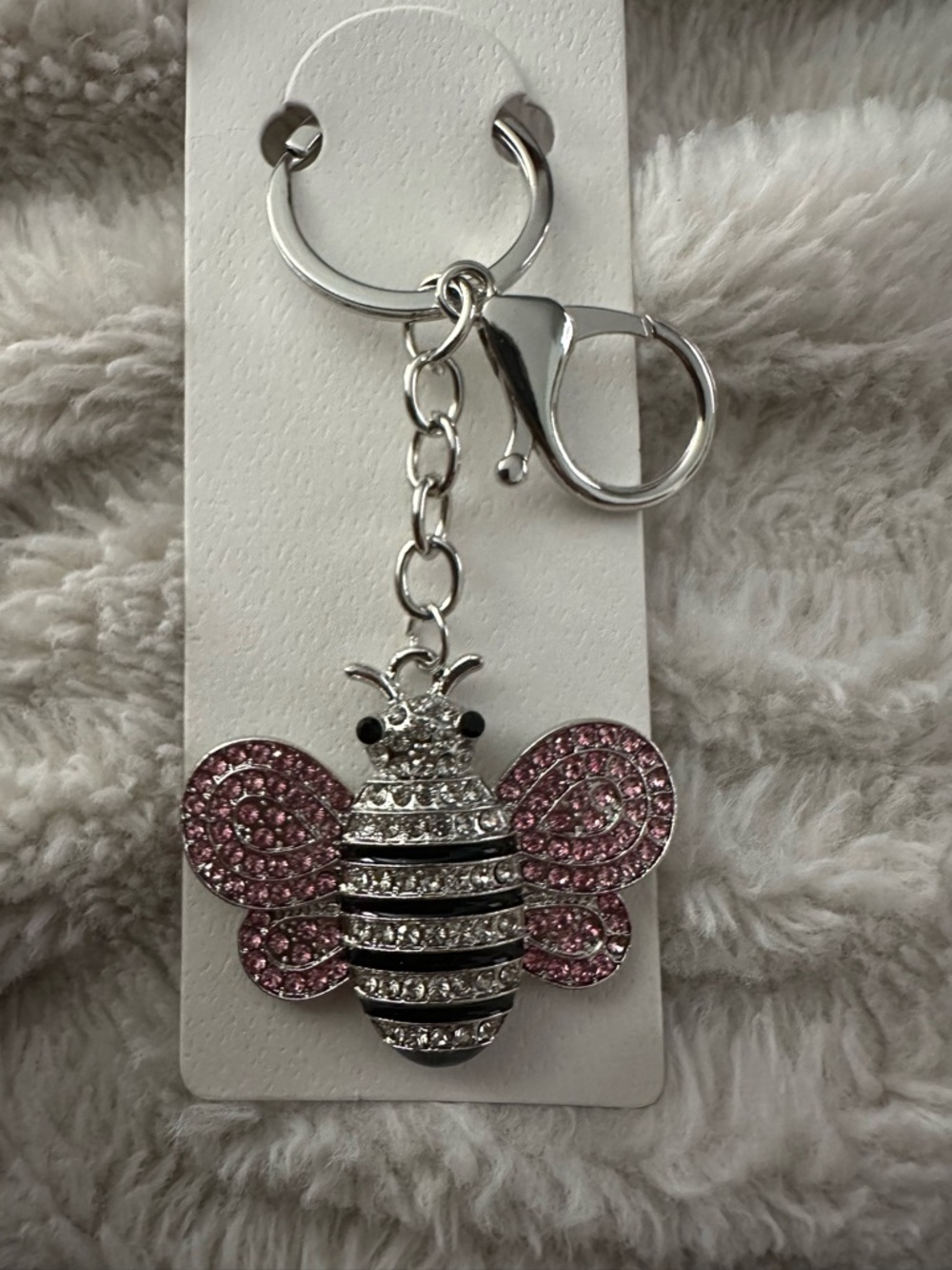 Silver Tone Pink & Clear Rhinestone Bee Keychain  Charm - Luxury Bag Charm 4x2” - Picture 3 of 4